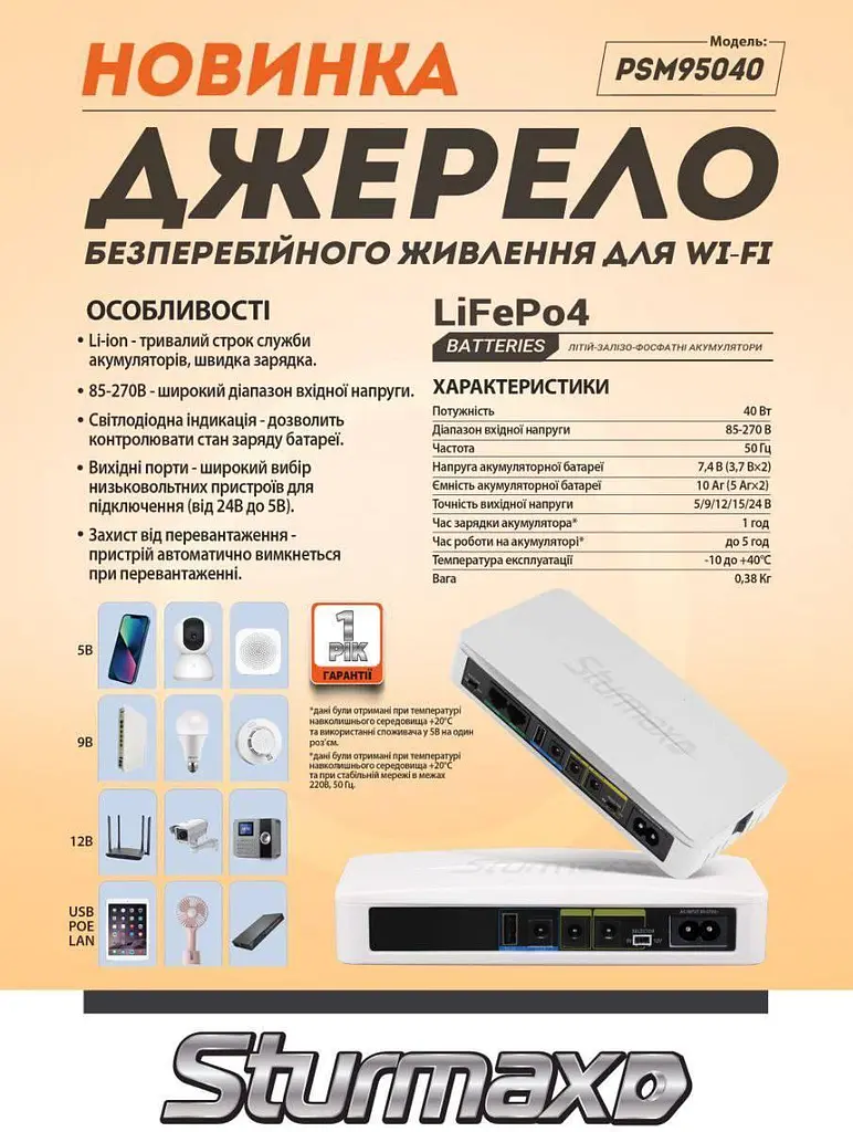 Источник бесперебойного питания для Wi-fi 40 Вт Sturmax PSM95040 - фото 5