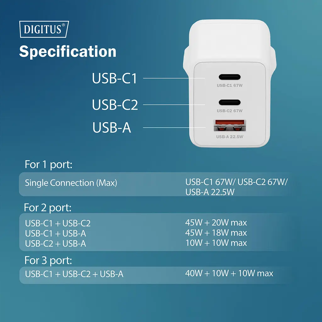 Зарядний пристрій 2xUSB-C, 1xUSB-A DIGITUS GaN 67W - фото 3