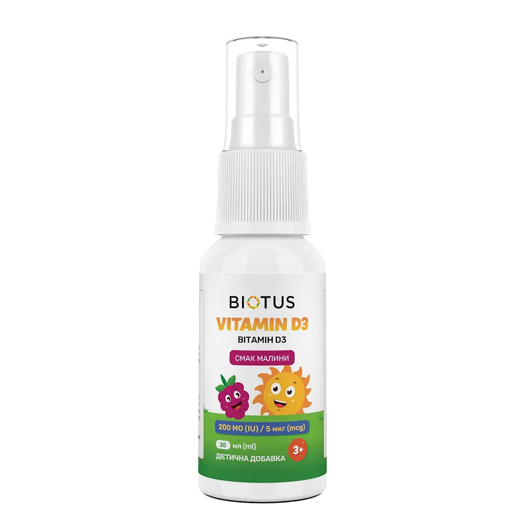 Вітамін D3, Vitamin D3, спрей для дітей, смак малини, 200 МО/5 мкг, 30 мл Biotus vit0003348