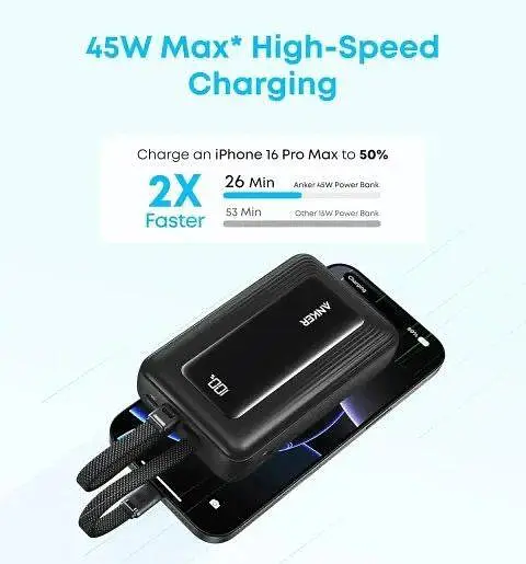 Повербанк Anker 20000 mAh 45W з 2 вбудованими кабелями USB-C швидка зарядка PD та LED дисплей для ноутбука - фото 5