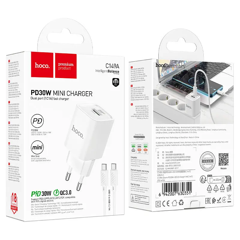 МЗП Hoco C149A Charm PD30W+QC3.0 charger set(Type-C to Type-C)(EU) Black - фото 2