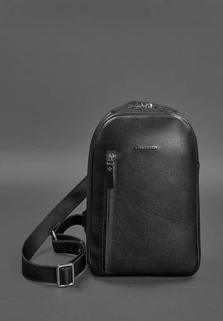 Черный кожаный мужской рюкзак на одно плечо Chest Bag - фото 3