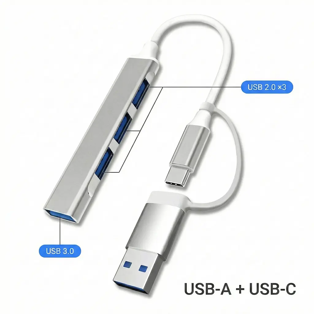 Алюмінієвий USB-хаб 4 порти 1×USB 3.0 + 3×USB 2.0 з підключенням Type-A і Type-C - фото 2