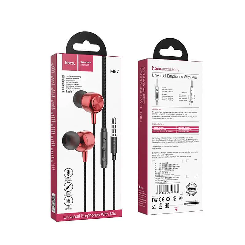 Проводные вакуумные наушники Hoco M87 String wired earphones with microphone, 3.5mm, 1.2m, red - фото 3