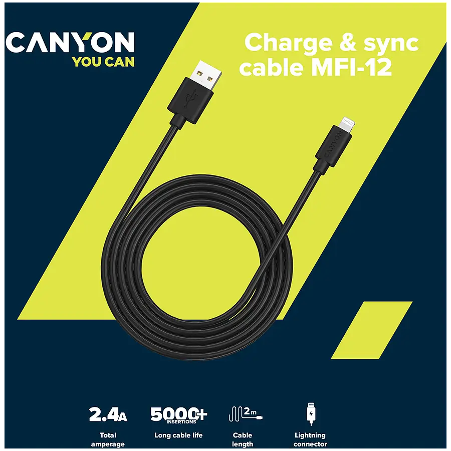 Кабель Lightning Canyon Charge & Sync USB-A to Lightning 2m Чорний (CNS-MFIC12B) - фото 3