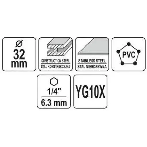 Сверло коронка по металлу TCT Yato Ø32x103 мм толщина до 25 мм с направляющим 6-гранный хвост 1/4 (YT-44059) - фото 3