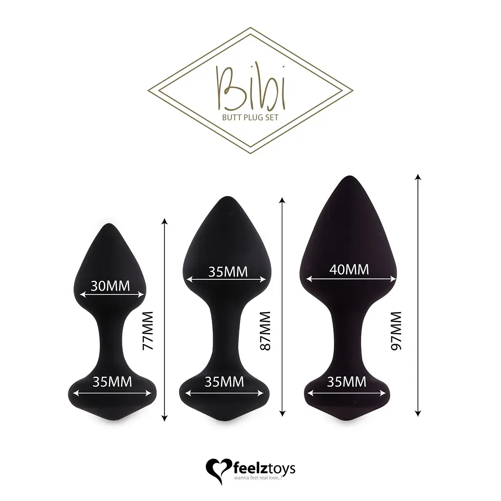Набір силіконових анальних пробок FeelzToys Bibi Butt Plug Set 3, 3 шт, чорний - фото 3
