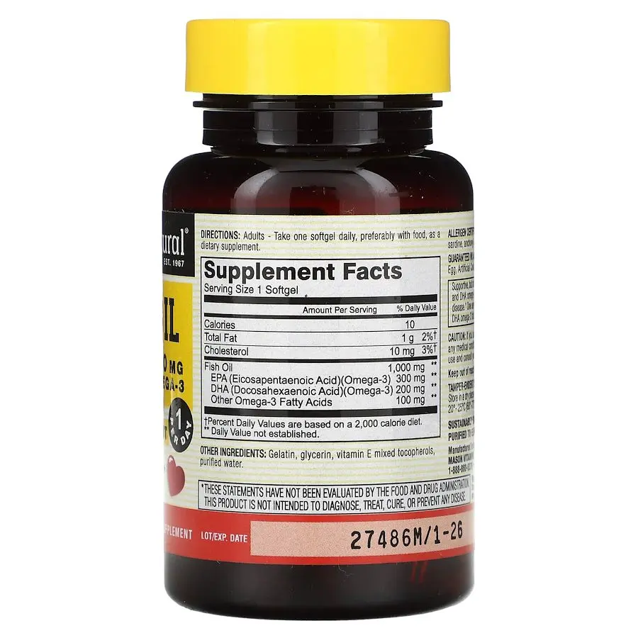 Жирные кислоты Mason Natural Fish Oil 1000 mg Omega 600 mg 30 капсул - фото 2