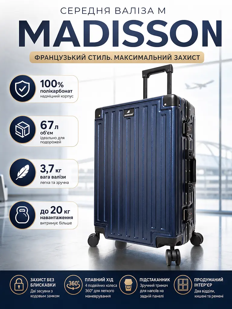 Валіза середня M Madisson Snowball 66503 M 64x43x26 см 100% полікарбонат на клямках Темно-синій - фото 3