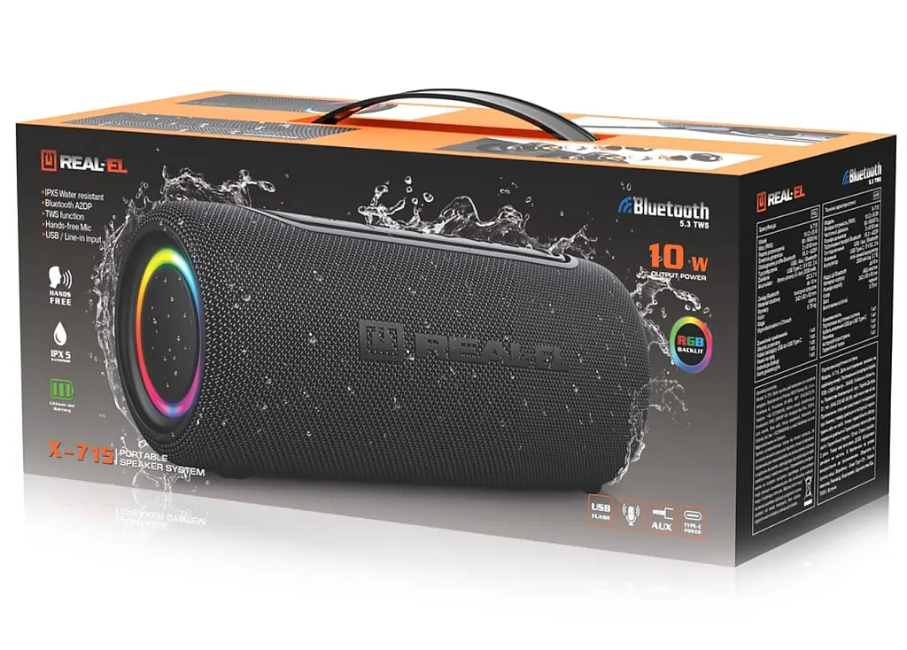 Портативная колонка REAL-EL RX715 10W Bluetooth TWS, RGB, Black - фото 15