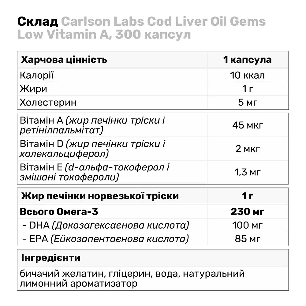 Жирні кислоти Carlson Labs Cod Liver Oil Gems Low Vitamin A 300 капсул - фото 3
