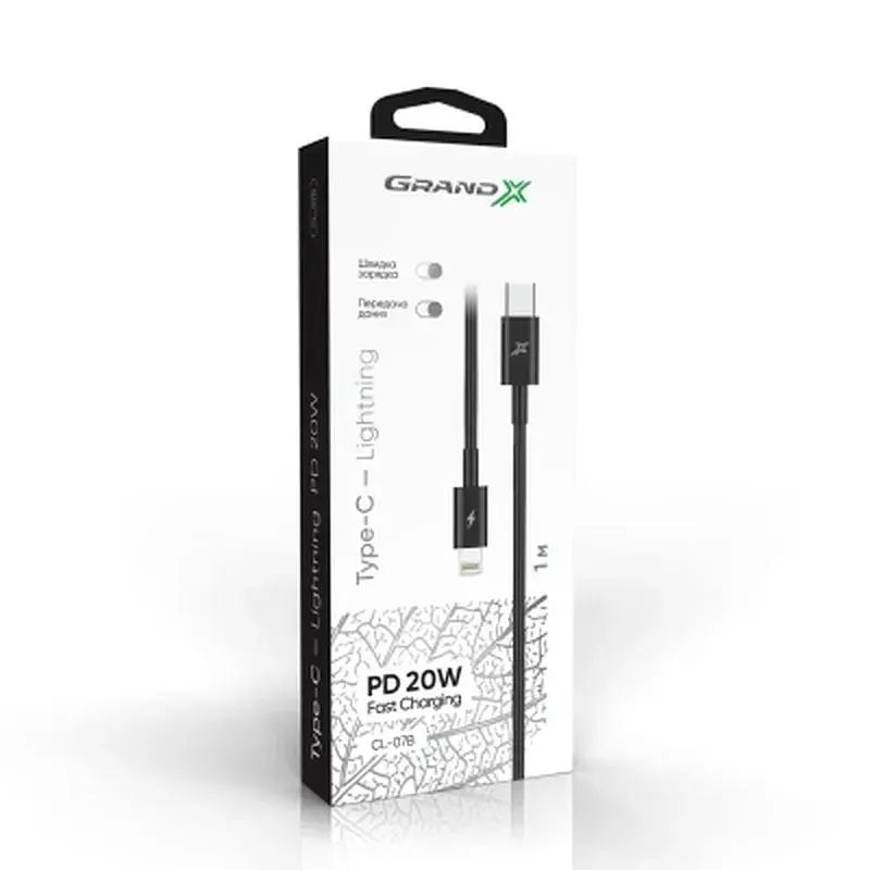 Дата кабель USB-C to Lightning 1.0m 20W CL-07B Black Grand-X (CL-07B) - фото 3