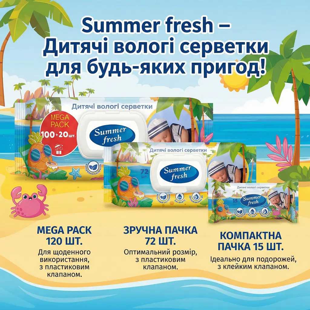 Вологі серветки для дітей Summer Fresh Дитячі 120 шт. Безпечні серветки для малюків - фото 3