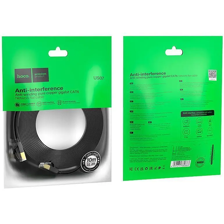 Патч-корд Hoco US07 General Cat 6 U/UTP Pure Copper Flat Network Cable 10m Black (780713) [149275] - фото 6