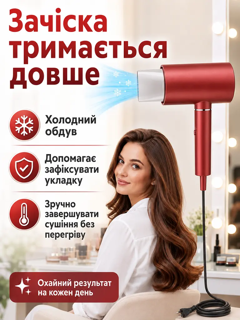 Професійний фен червоний 1800 W з холодним обдувом, іонізацією та насадкою-концентратором (49675925) - фото 7
