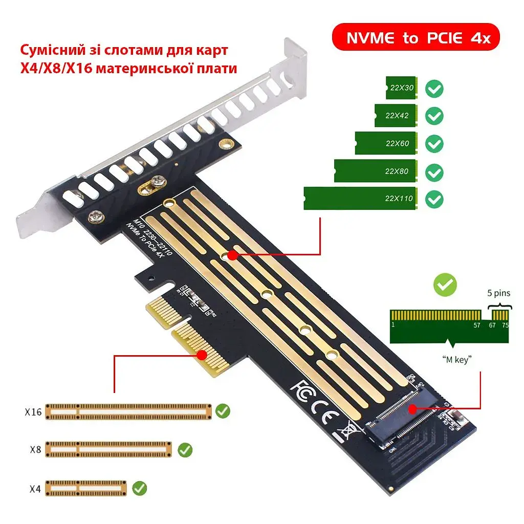 Контролер Dynamode M.2 SSD NVMe M-Key to PCI-E 3.0 x4/ x8/ x16, full profile br (PCI-Ex4- M.2 M-key) - фото 6