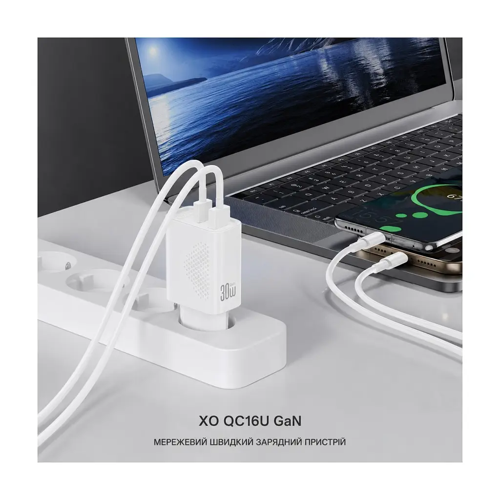 Зарядний пристрій XO QC16U 1xUSB-C PD30W + 1xUSB QC3.0 GaN white (XO-QC16U) - фото 5