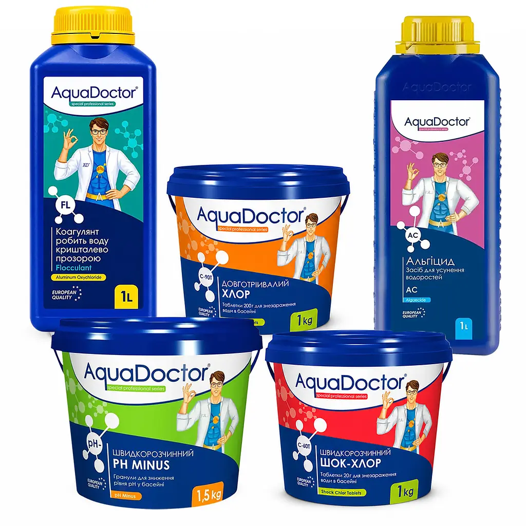 Стартовий комплект для басейну AquaDoctor Super Kit 5в1 30–50 м³ | швидкий та повільний хлор, альгіцид, флокулянт, pH Minus 88525