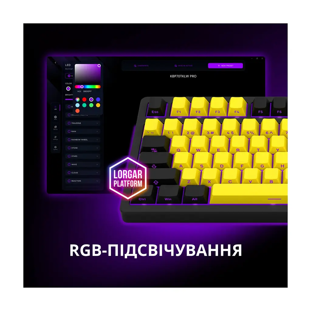 Клавіатура Lorgar KBP70TKLW Wireless TKL Mechanical Pro UA Black/Yellow (LRG-KBP70TKLW-YL-US) - фото 2