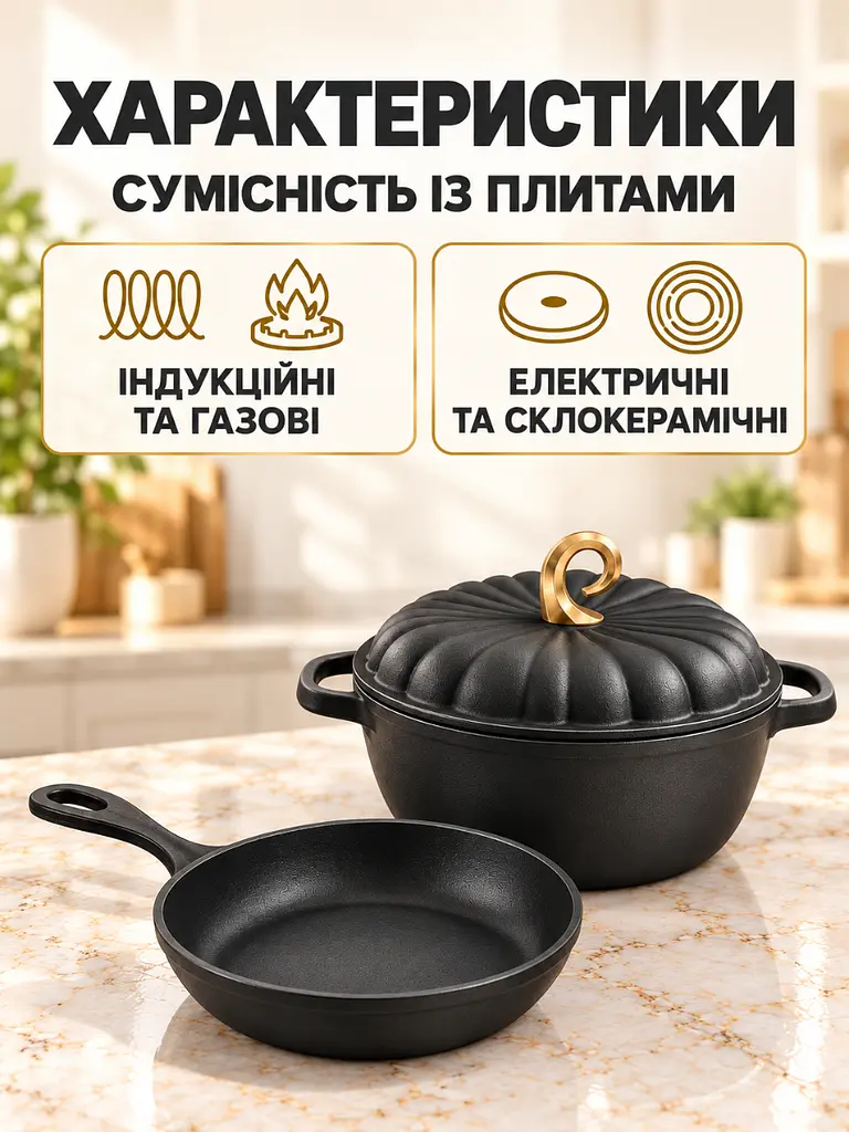 Набір чавунного посуду каструля 4.5 л та сковорода 24 см для всіх типів плит чорнийь (37261161) - фото 7