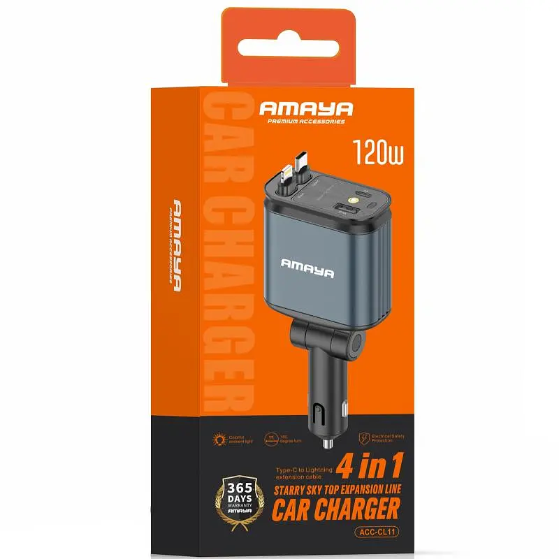 АЗП ACC-CL11 PD57.5W+QC3.0 (1USB-A/1C) з retractable cable Type-C + Lightning Gray Amaya teh0029948 - фото 3