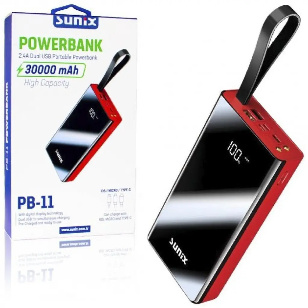 Универсальная зарядная батарея Sunix 30000mAh Power Bank + встроенные кабеля + фонарик (Черный с красным) - фото 3