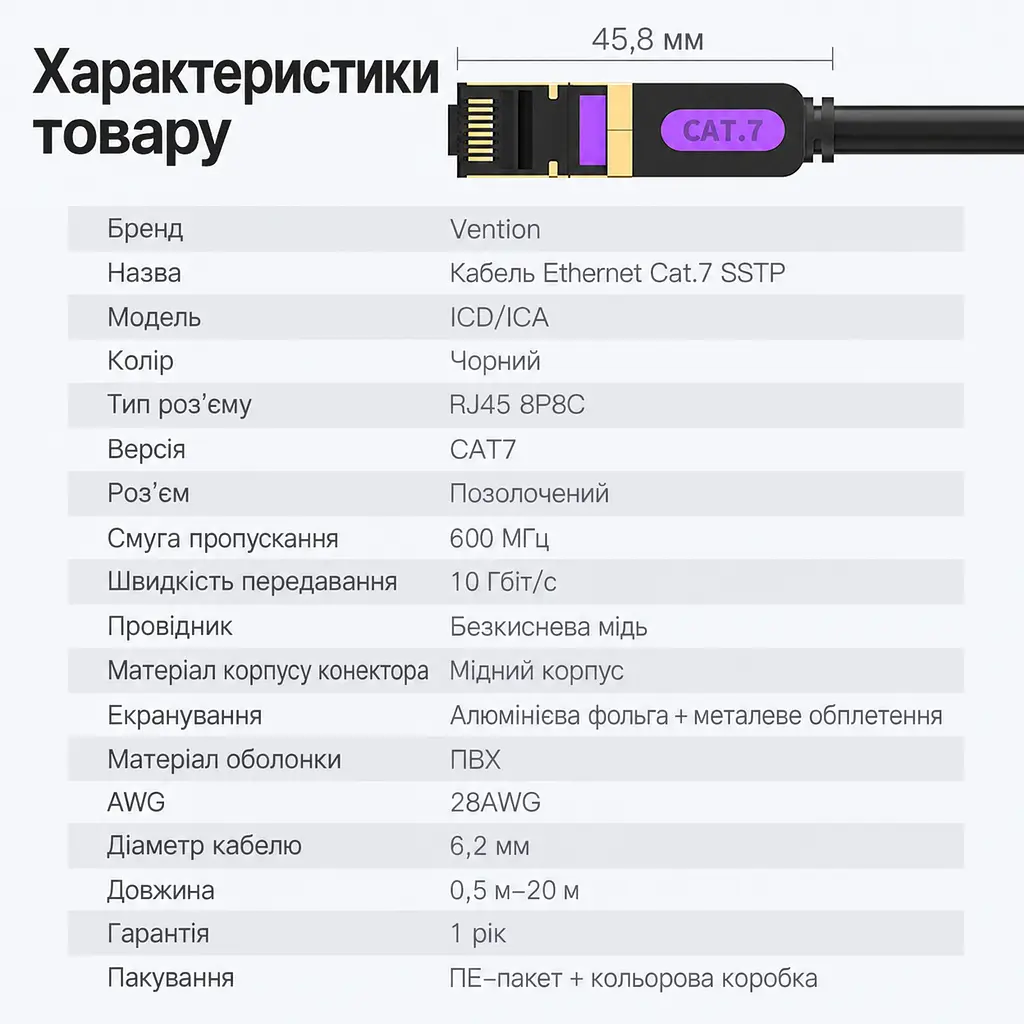 Патч-корд Ethernet Vention 1,5 м LAN-кабель штекери RJ45 8P8C на обох кінцях для з’єднання двох мережевих портів Cat.7 10 Гбіт/с за умови підтримки такої швидкості обома портами екранування фольгою та металевим обплетенням багатодротяні мідні жили для гнучкого укладання смуга пропускання 600 МГц чорний із фіолетовими та золотистими акцентами (ICDBG) - фото 7