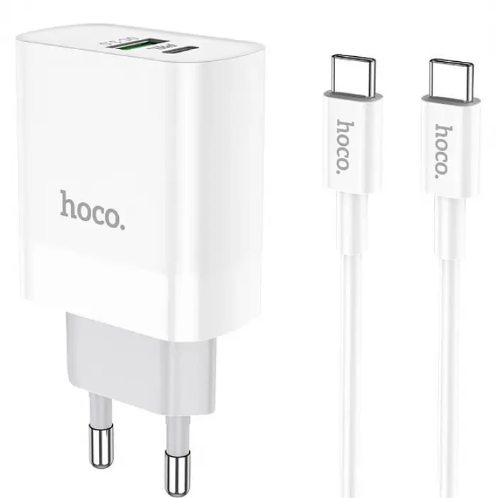 Адаптер сетевой HOCO C80A Type-C to Type-C cable rapido charger set C80A, 1USB/1Type-C, QC/PD, 20W, 3A Белый - фото 2