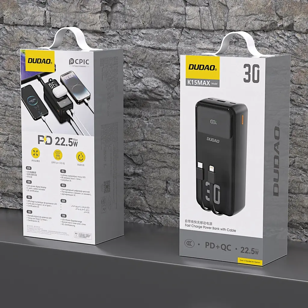 Універсальна мобільна батарея Dudao 30000mAh K15 MAX 22,5W PD,QC, USB-A, Lightning, USB-C In/Out, with USB-C/Lightning cables - фото 2