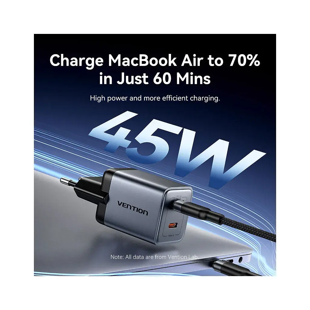 Зарядний пристрій Vention 2xUSB-C PD45W GaN + cable USB-C to USB-C 1.0m black gray (TZ-FCDH0-EU) - фото 5