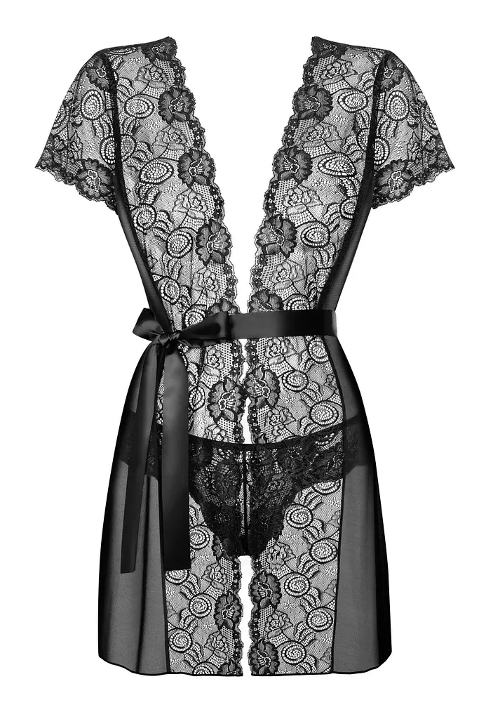 Пеньюар Obsessive Alluria peignoir & thong, L/XL, прозорий, з мереживом, пояс, трусики в комплекті - фото 3