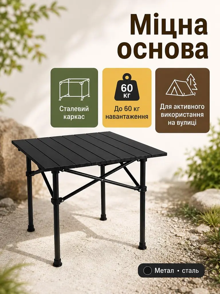 Стіл складаний туристичний 52×52×50 см чорний для пікніка кемпінгу та риболовлі (49675939) - фото 7