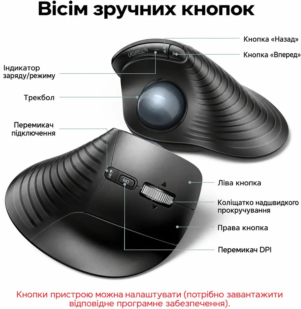 Бездротова вертикальна миша з трекболом UGREEN M785DR Bluetooth 5.4 та 2,4 ГГц із USB-A приймачем 5 рівнів чутливості до 2000 DPI для правої руки перемикання між 3 пристроями заряджання через USB-C безшумна робота налаштування кнопок через ПЗ із зарядним кабелем USB-A → USB-C 1 м темно-сіра з чорними елементами та синьо-сірою кулькою (85892) - фото 7