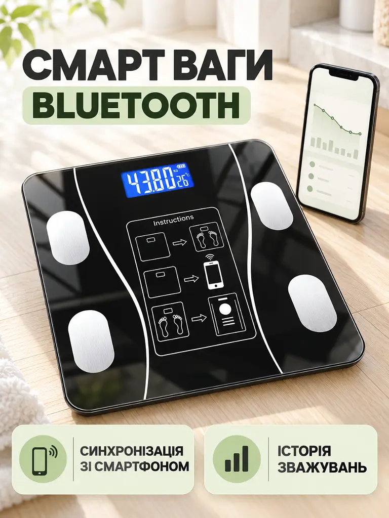 Напольні смарт-ваги електронні з Bluetooth і додатком, чорні (37260071) - фото 2