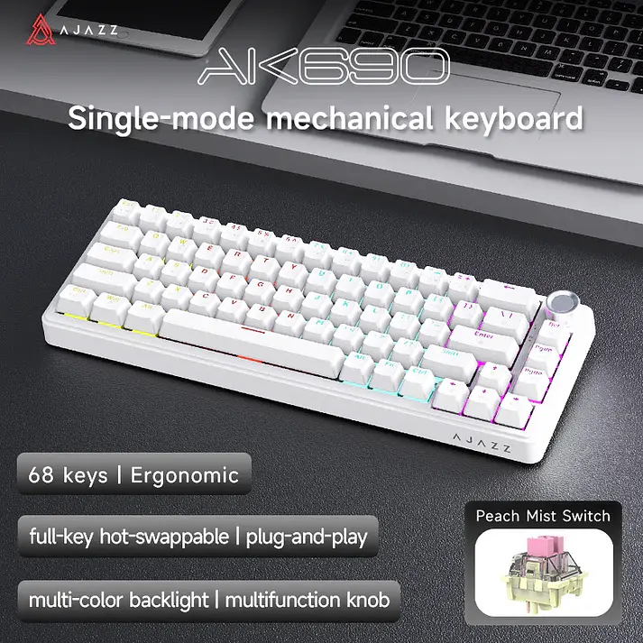 Игровая механическая проводная клавиатура Ajazz Ak690 / 68 клавиш / Hot-Swap / RGB / Peach Mist Switch / White - фото 2