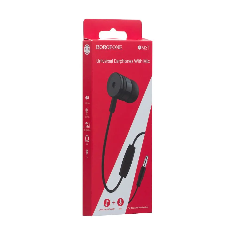 Проводные наушники вакумные с микрофоном Borofone 3.5 mm BM31 1.2 m Black - фото 2