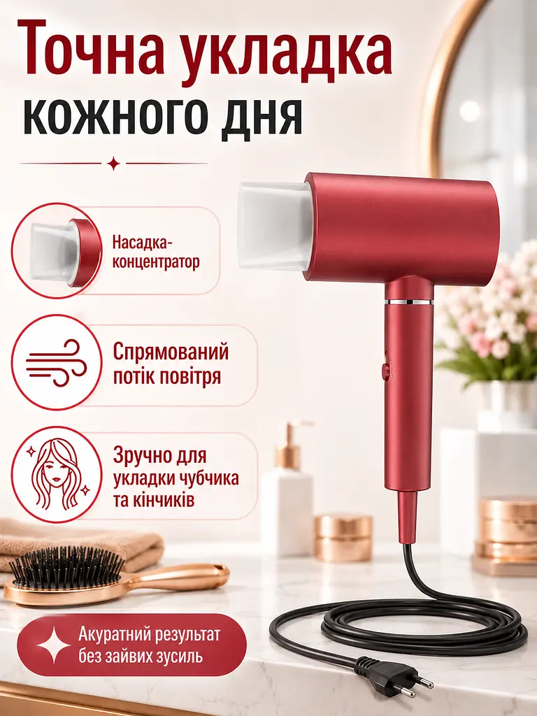 Професійний фен червоний 1800 W з холодним обдувом, іонізацією та насадкою-концентратором (49675925) - фото 3