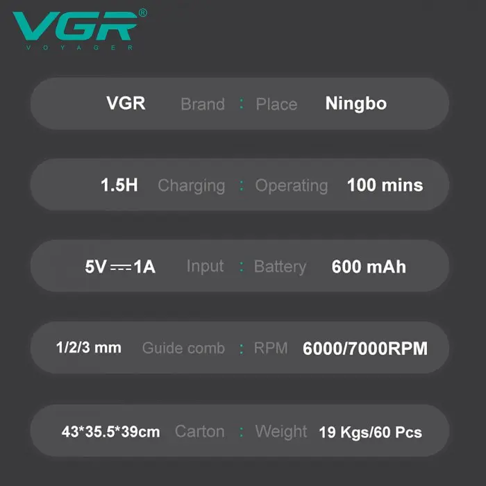 Мужской аккумуляторный триммер для бороды и усов VGR V-964 с 3 сменными насадками 1-3 мм. Черный - фото 3