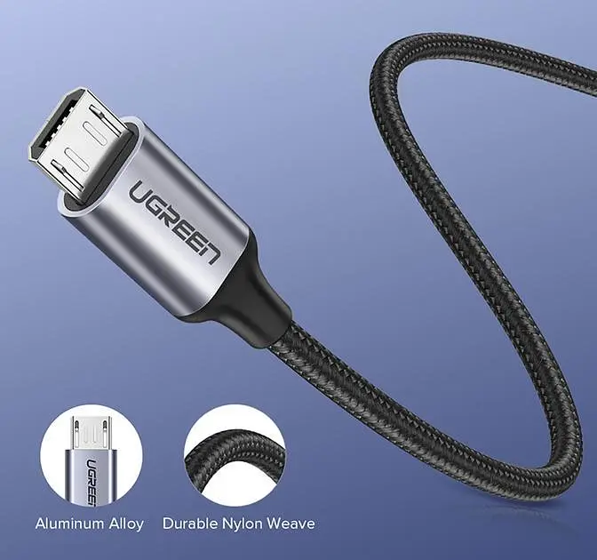 Кабель Ugreen US290 USB 2.0 to Micro Cable Nickel Plating Aluminum Braid 2A 2 м Black (6957303861484) - фото 3