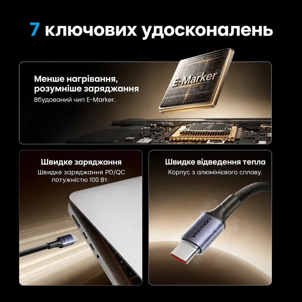 Кабель Vention TSGBF USB-C - USB-C PD 100 Вт 1 м чорний (TSGBF) - фото 6