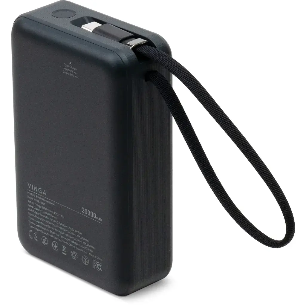 Батарея універсальна Vinga 20000 mAh 65W Display USB-C Cable Grey (VPBB2065C) - фото 3
