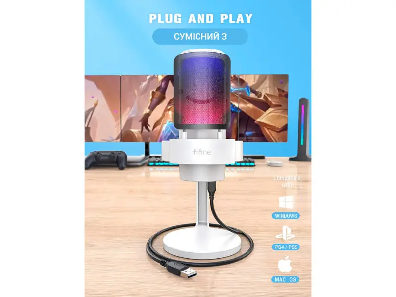 Мікрофон студійний/ для стрімінгу, подкастів Fifine AmpliGame AM8W White - фото 7