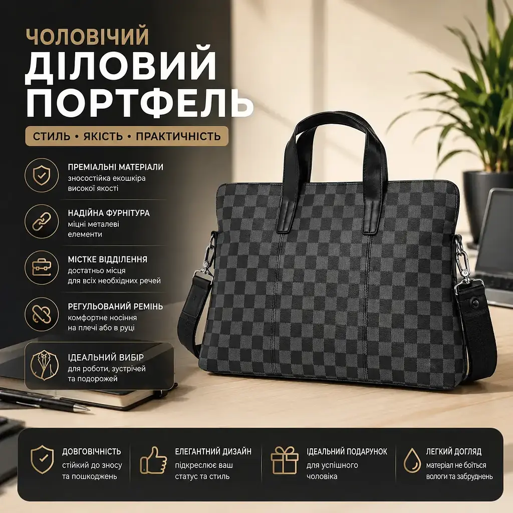 Сумка ділова чоловіча портфель для документів А4 чорна стильна (2006М) - фото 2