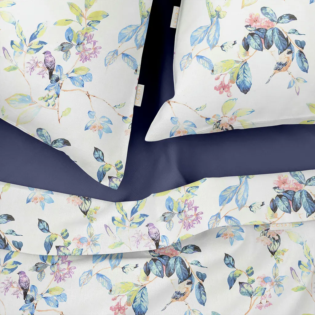 Комплект постільної білизни Cosas євро з простирадлом на резинці FLORET CS3 200 x 220 см (BirdsFlowersFoliage_El-87DarkBlue_200) - фото 3