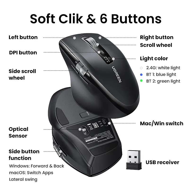 Маніпулятор миша бездротова UGREEN M751 Multi-mode Wireless Mouse Black - фото 11