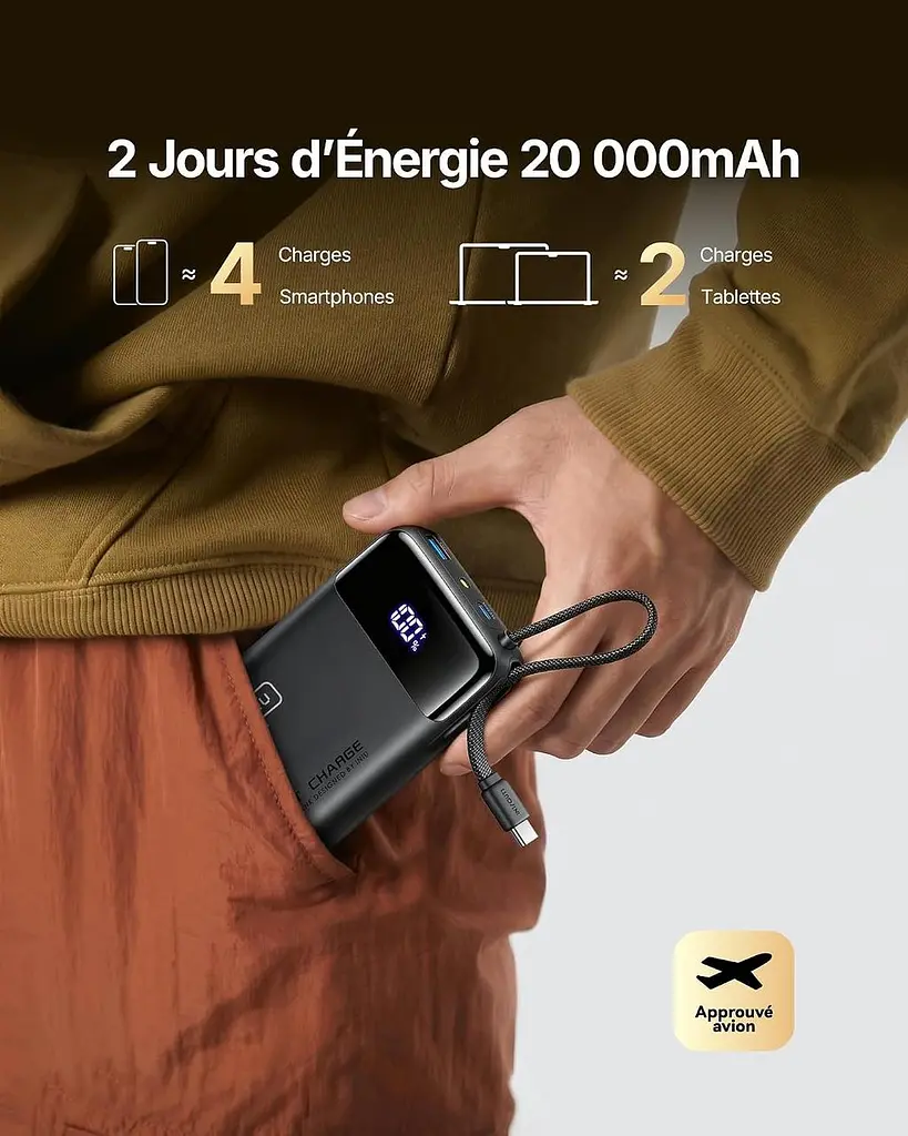 Повербанк INIU 20000mAh 45W з USB-C кабелем, швидка зарядка PD QC - фото 3