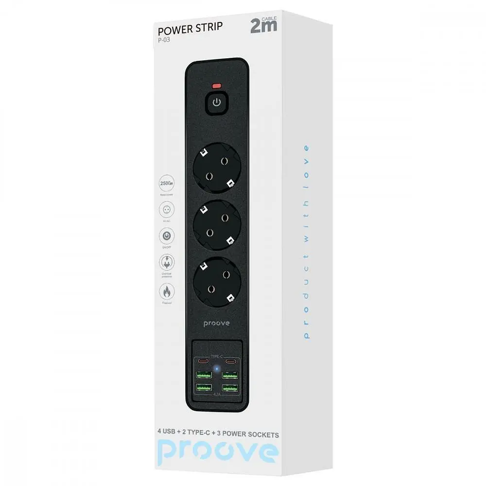 Мережевий фільтр Proove Power Strip P-03 (3 розетки + 4 USB + 2 Type-C) 2М black (PSP342420001) - фото 10