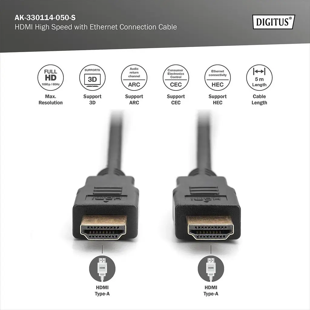 Кабель HDMI високошвидкісного з'єднання, тип A, з Ethernet M/M, 5,0 м, AK-330114-050-S DIGITUS by ASSMANN - фото 2