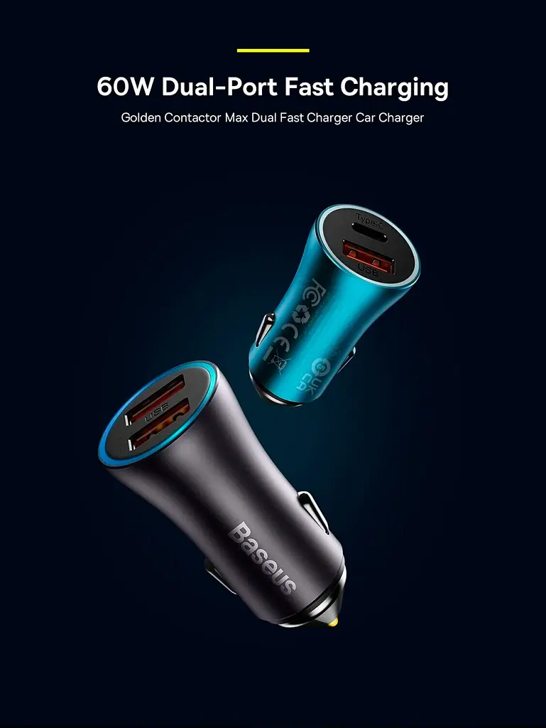 Автомобільний зарядний пристрій Baseus Golden Contactor Max Dual Fast Charger Car Charger U+U 60W Dark Gray (CGJM000013) [77943] - фото 3