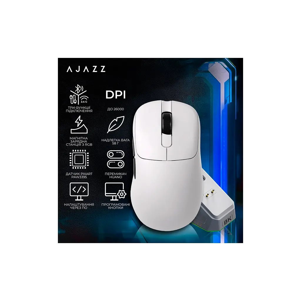 Мишка Ajazz AJ179PRO Wireless/Bluetooth/USB Charging Dock White (AJ179-PRO-W) - фото 6
